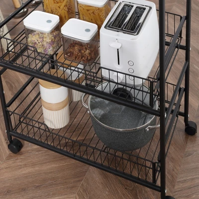 HOMCOM 24" 3-Tier Rolling Kitchen Cart, Utility Storage Trolley With 2 Basket Drawers, Side Hooks For Dining Room - Image 5