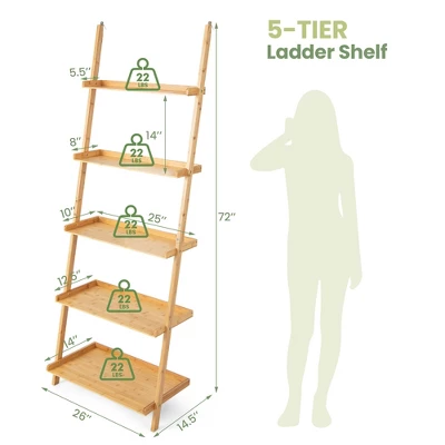 Costway 2 PCS 5-Tier Bamboo Ladder Shelf Wall-Leaning Display Bookcase Storage Rack - Image 2
