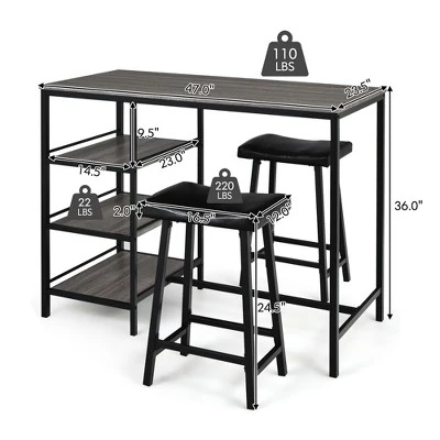 Costway 3 Piece Counter Height Dining Bar Table Set W/2 Stools&3 Storage Shelves - Image 4