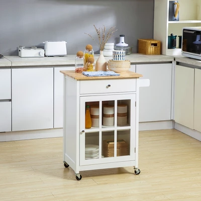 HOMCOM 27" Rolling Kitchen Island Cart With Drawer And Glass Door Cabinet, Kitchen Trolley With Adjustable Shelf And Towel Rack, White - Image 2