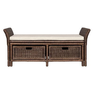 Happimess Tropic 52" 2 Drawer Wicker Storage Bench Wih Linen Cushion, Brown