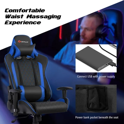 Costway Massage Gaming Chair Reclining Racing Chair W/Lumbar Support And Headrest White/Blue/Pink/Red - Image 4