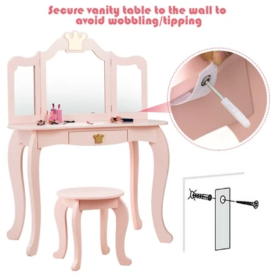 Costway Kids Makeup Dressing Table Chair Set Princess Vanity & Tri-folding Mirror - Image 7