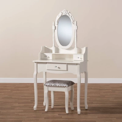 2pc Veronique White Finished Wood Vanity Table With Mirror And Ottoman White - Baxton Studio - Image 4