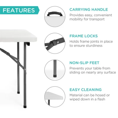 Best Choice Products 4ft Plastic Folding Table, Indoor Outdoor Heavy Duty Portable W/ Handle, Lock For Picnic - White - Image 3