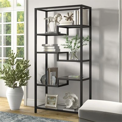 68" 5-Tier Black Metal Book Case With Glass Top Shelves - Henn&Hart