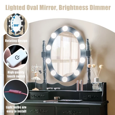 Tangkula Make-Up Vanity Table Dresser Set W/LED Light, Black Brown White - Image 6