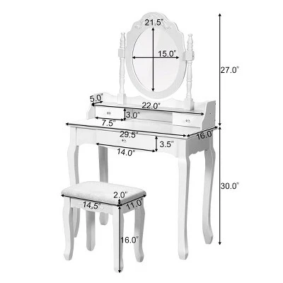 Costway White Vanity Wood Makeup Dressing Table Stool 3 Drawer - Image 3