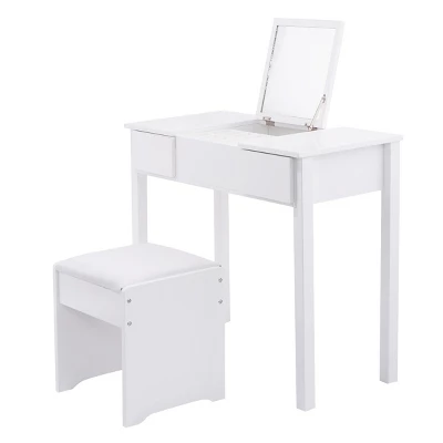 Tangkula 2 Drawers Make-up Mirror Set Vanity Dressing Table Flip-type Desktop With Stool - Image 7