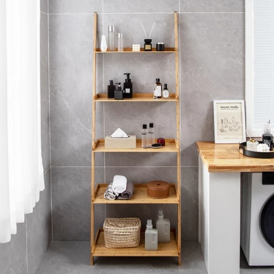 Costway 2 PCS 5-Tier Bamboo Ladder Shelf Wall-Leaning Display Bookcase Storage Rack - Image 4