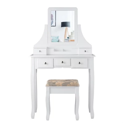 Tangkula Rotatable Mirror Vanity Set Makeup Dressing Table And Stool W/ 5 Drawers - Image 6