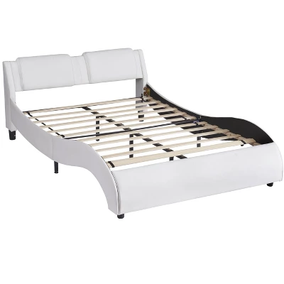Upholstered Faux Leather Platform Bed With LED Light Bed Frame With Slatted-ModernLuxe - Image 2