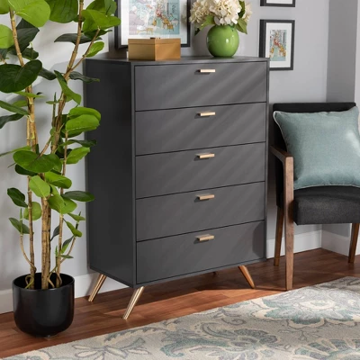 Kelson Wood 5 Drawer Chest Dark Gray/Gold - Baxton Studio - Image 4