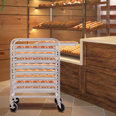 Costway 10 Sheet Aluminum Bakery Rack Silver Commercial Cookie Bun Pan Kitchen W/Wheel - Image 2
