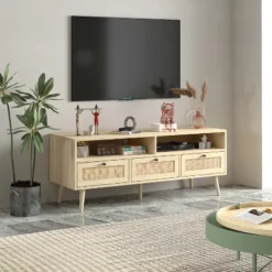 Aubrey 47.32" Rattan TV Stands With 3 Rattan Drawers And Solid Wood Feet For TVs Up To 50"-The Pop Maison