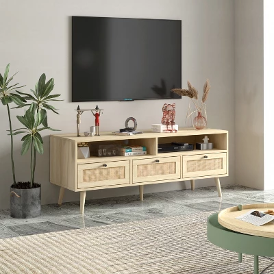Aubrey 47.32" Rattan TV Stands With 3 Rattan Drawers And Solid Wood Feet For TVs Up To 50"-The Pop Maison