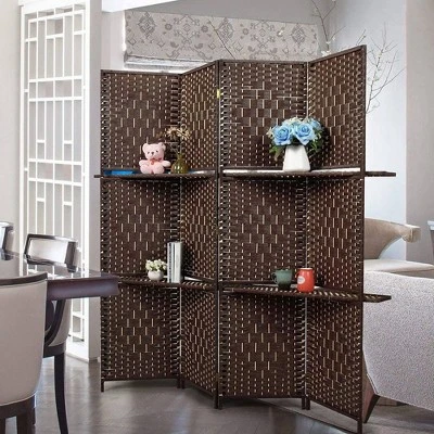 4 Panel Paper Straw Weave Screen With 63" L Shelving - Ore International - Image 3