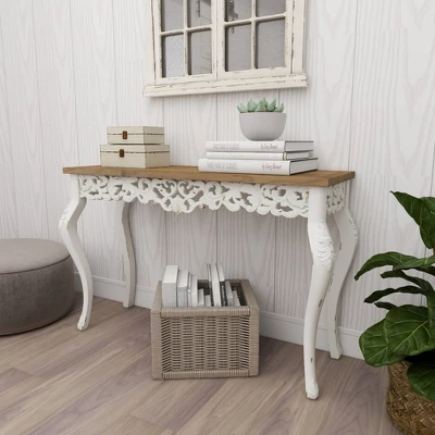 Wood Parisian Design Floral Ornate Detailing Console Table White - Olivia & May - Image 3