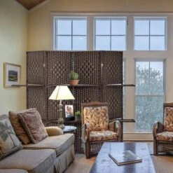 4 Panel Paper Straw Weave Screen With 63" L Shelving - Ore International