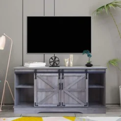 GHQME 58-Inch Sliding Barn Door Wooden Farmhouse Universal TV Stand Media Console Table With Adjustable Shelves And 220 Pound Capacity, Gray