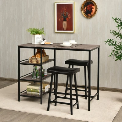 Costway 3 Piece Counter Height Dining Bar Table Set W/2 Stools&3 Storage Shelves