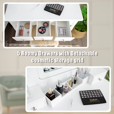 Tangkula Rotatable Mirror Vanity Set Makeup Dressing Table And Stool W/ 5 Drawers - Image 5