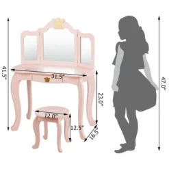 Costway Kids Makeup Dressing Table Chair Set Princess Vanity & Tri-folding Mirror
