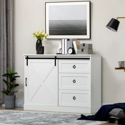 HOMCOM Farmhouse Coffee Bar Cabinet, Kitchen Sideboard, Buffet Cabinet With Sliding Barn Door And 3 Storage Drawers For Living Room, White