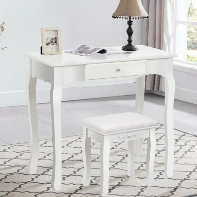 Costway White Vanity Wood Makeup Dressing Table Stool 3 Drawer