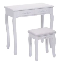 Tangkula Oval Mirror 4 Drawer Vanity Mirror Makeup Table W/ Cushioned Stool White