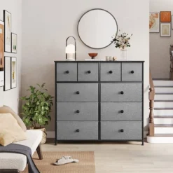 REAHOME 10 Drawer Steel Frame Bedroom Storage Organizer Chest Dresser With Waterproof Top, Adjustable Feet, And Wall Safety Attachment, Light Grey