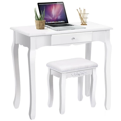 Costway White Vanity Wood Makeup Dressing Table Stool 3 Drawer - Image 8