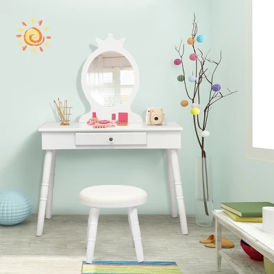 Tangkula Kids Princess Vanity Table Set W/ Chair Crown Mirror White - Image 2