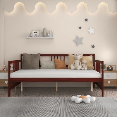 Costway Full Size Daybed Frame Solid Wood Sofa Bed For Living Room Bedroom White/Cherry - Image 4