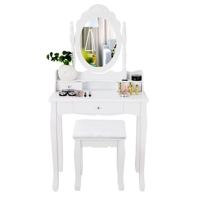 Costway White Vanity Wood Makeup Dressing Table Stool 3 Drawer - Image 7
