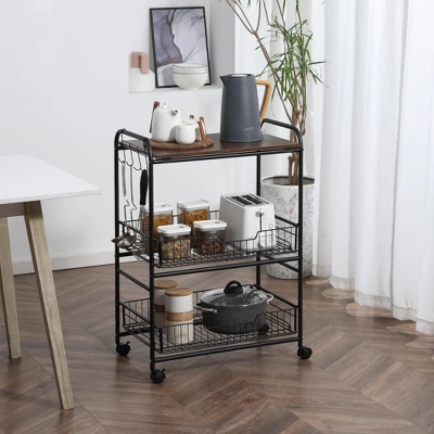 HOMCOM 24" 3-Tier Rolling Kitchen Cart, Utility Storage Trolley With 2 Basket Drawers, Side Hooks For Dining Room - Image 2