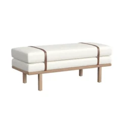 Upholstered Bench With Wood Base Cream Boucle - HomePop