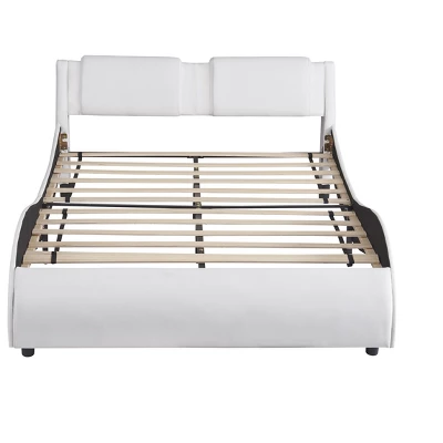 Upholstered Faux Leather Platform Bed With LED Light Bed Frame With Slatted-ModernLuxe - Image 3