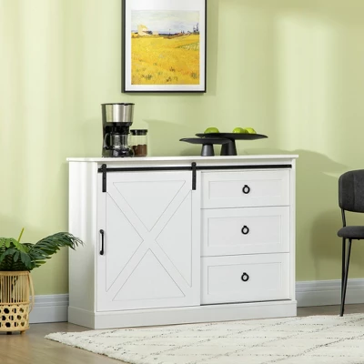 HOMCOM Farmhouse Coffee Bar Cabinet, Kitchen Sideboard, Buffet Cabinet With Sliding Barn Door And 3 Storage Drawers For Living Room, White - Image 2