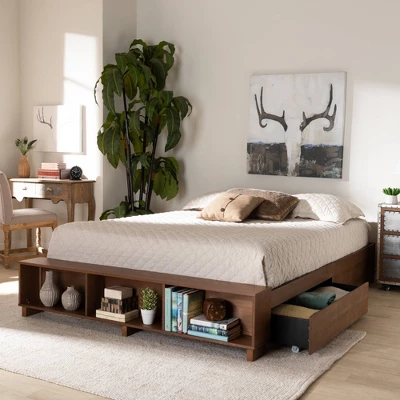 Arthur Wood Platform Bed With Built-In Shelves Ash Walnut - Baxton Studio - Image 8