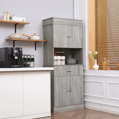 HOMCOM 72" Kitchen Buffet With Hutch, Freestanding Pantry Cupboard With Utility Drawer, 2 Door Cabinets And Countertop, Grey Wood Grain - Image 2