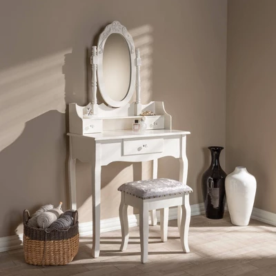 2pc Veronique White Finished Wood Vanity Table With Mirror And Ottoman White - Baxton Studio - Image 3