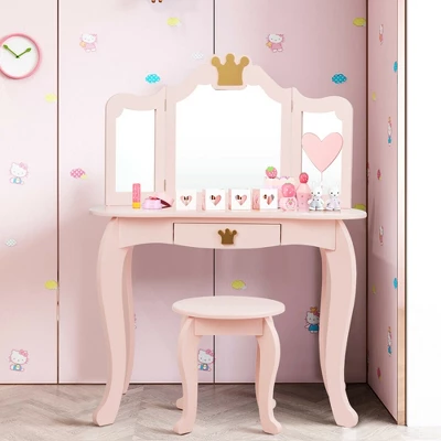 Costway Kids Makeup Dressing Table Chair Set Princess Vanity & Tri-folding Mirror - Image 3
