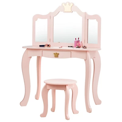 Costway Kids Makeup Dressing Table Chair Set Princess Vanity & Tri-folding Mirror - Image 10